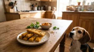 Homemade pumpkin and parsley dental sticks for dogs arranged on a ceramic plate.