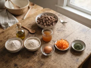 Ingredients for homemade beef dog treats including cooked beef, flour, egg, broth, and carrots.