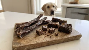 Chewy air-dried beef dog treats with a dense jerky-like texture