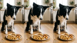 Border Collie beside assorted homemade healthy treats for active dogs.