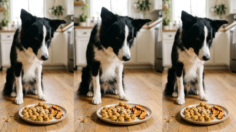 Border Collie beside assorted homemade healthy treats for active dogs.