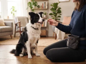 Border Collie receiving a small soft training treat during positive reinforcement training.