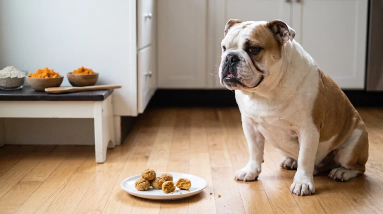English Bulldog beside soft homemade oat and sweet potato dog treats.
