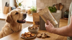 Golden retriever beside dog treats while an owner checks product packaging and ingredients.