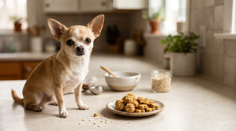 Tiny Chihuahua beside homemade peanut butter oat bites and soft chicken pumpkin dog treats.