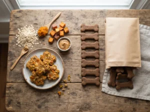Homemade crunchy dog biscuits compared with generic store-bought dog treats.
