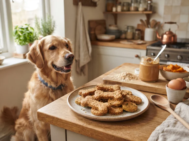Homemade crunchy dog biscuits with wholesome ingredients beside a Golden Retriever.