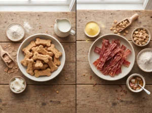 Comparison of ingredients found in crunchy dog biscuits and soft bacon-style treats.
