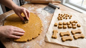 Homemade pumpkin dog treat dough cut into tiny, medium, and large pieces for different dog sizes.
