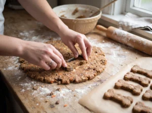 Beef dog treat dough being rolled and cut into bone-shaped treats.
