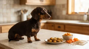 Miniature Dachshund beside homemade low-calorie pumpkin, oat, and carrot dog treats.