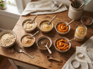 Dog-safe egg substitutes including banana, applesauce, pumpkin, peanut butter, and sweet potato.