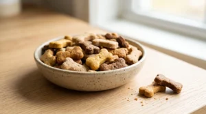 Assorted mini bone-shaped crunchy dog biscuits in different natural toasted shades.
