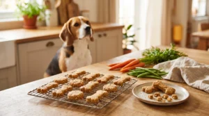 Fresh homemade low-calorie dog biscuits with a Beagle