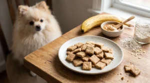 Tiny homemade banana and peanut butter oat crunchies for Pomeranians.