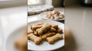 Golden-brown crunchy bone-shaped dog biscuits representing a savory chicken flavor.