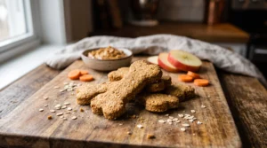 Large crunchy bone-shaped dog biscuits displayed with peanut butter, apple, and carrot.