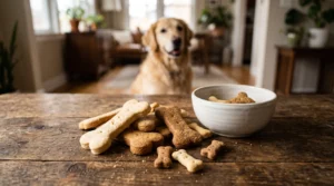 Assortment of crunchy bone-shaped dog biscuits beside a bowl with a golden retriever in the background.