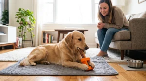 Golden Retriever chewing a bully stick secured in a holder under owner supervision