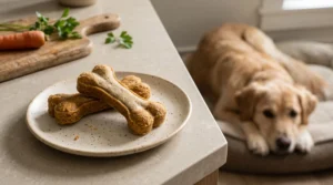 Firm bone-shaped dog chews displayed on a plate beside a medium-sized dog.