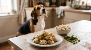 Homemade chicken and green bean soft dog treats for a Beagle.