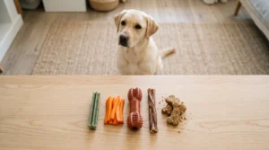 Different types of dental chews and crunchy treats for dogs