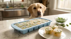 Homemade frozen green bean and broth cubes in a silicone tray for a Labrador Retriever.