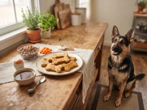 Homemade beef dog treats with lean beef and wholesome ingredients beside a German Shepherd.