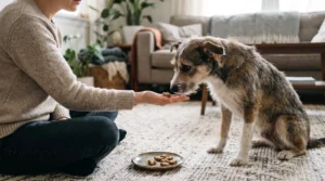 Rescued dog cautiously accepting a homemade treat from its new owner.