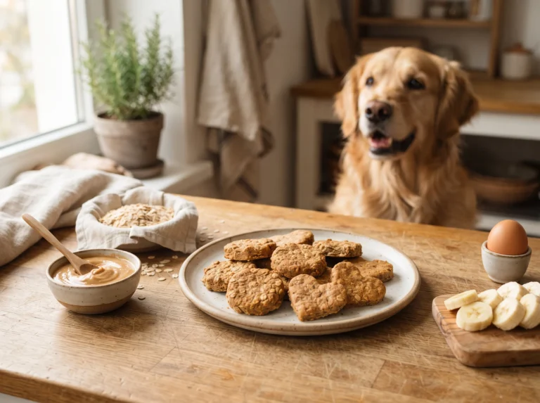 Homemade peanut butter banana dog treats with bananas, oats, and peanut butter beside a Golden Retriever.