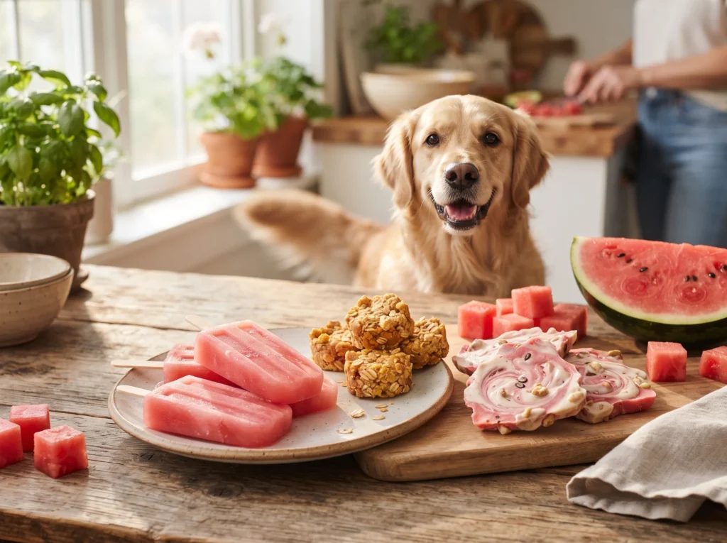 Three homemade watermelon dog treats with fresh watermelon beside a Golden Retriever.