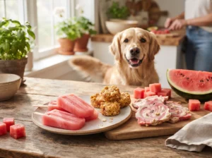 Three homemade watermelon dog treats with fresh watermelon beside a Golden Retriever.