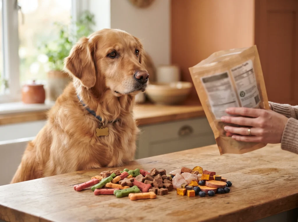 Golden Retriever beside different dog treats while a pet owner checks a treat ingredient label.