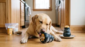 Dog enjoying a frozen stuffed Kong for longer-lasting enrichment