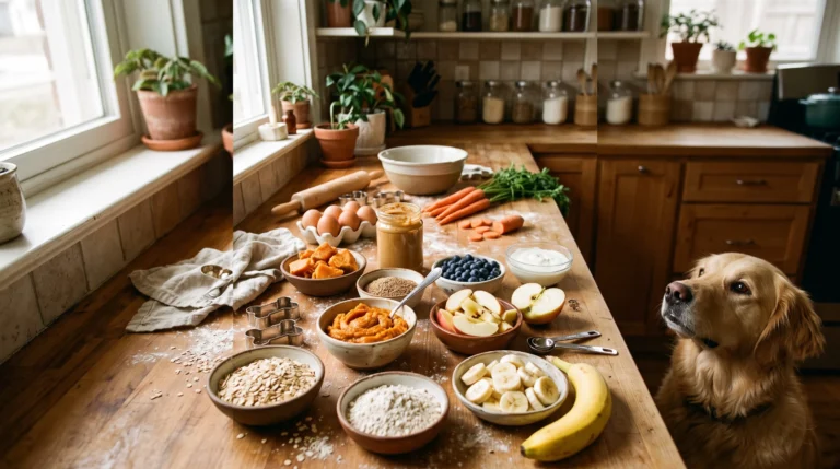 Healthy dog treat ingredients arranged on a kitchen counter