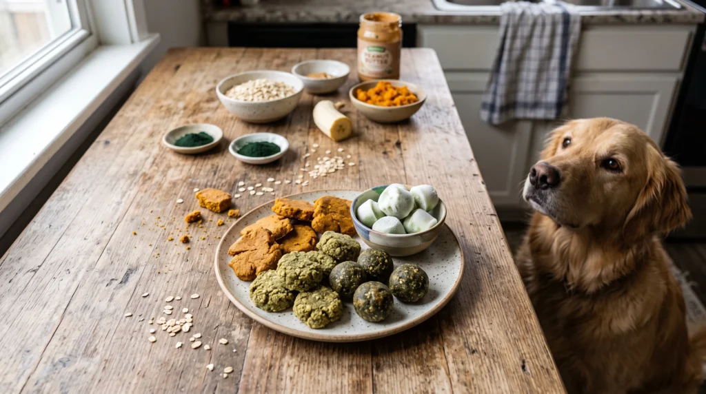 Homemade spirulina dog treats with banana, pumpkin and peanut butter