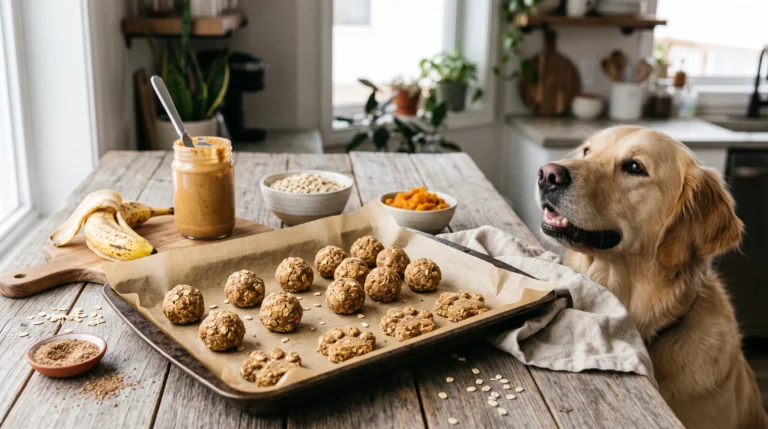 Homemade no-bake peanut butter banana oat dog treats on a tray