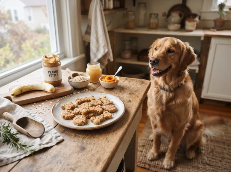 Homemade egg-free oatmeal peanut butter dog treats with banana and oats beside a Golden Retriever.
