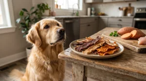 Homemade oven jerky treats for dogs made with chicken beef turkey and sweet potato
