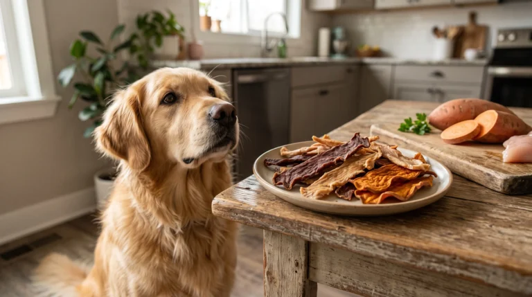 Homemade oven jerky treats for dogs made with chicken beef turkey and sweet potato