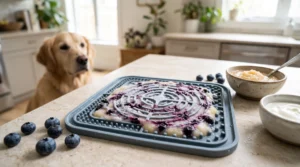 Frozen blueberry and applesauce lick mat treat for dogs