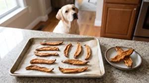 Homemade chewy baked sweet potato strips for dogs on a parchment-lined baking tray.
