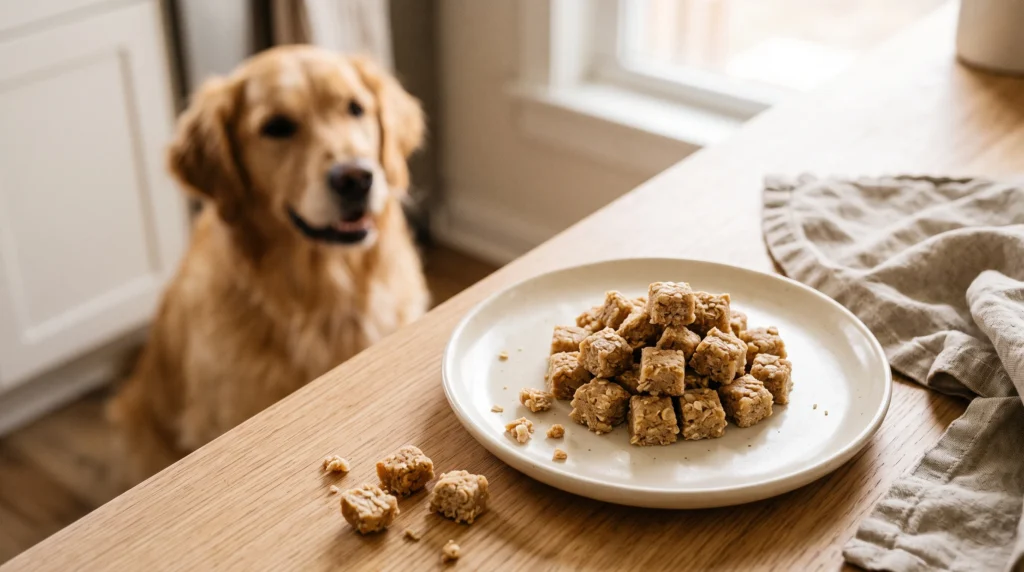 Homemade soft chicken and oat dog training treats cut into tiny bite-sized squares.