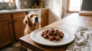 Soft turkey-style dog treats arranged on a plate beside a relaxed adult dog.
