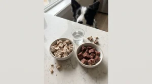 Freeze-dried dog treats beside lightly rehydrated beef pieces