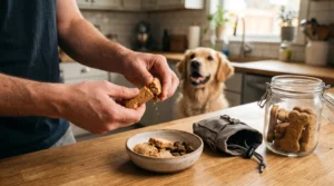Dog owner dividing a crunchy biscuit into smaller reward pieces beside an airtight treat container.