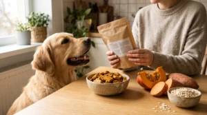 Golden retriever beside simple dog treats and fresh ingredients while its owner checks a treat package.