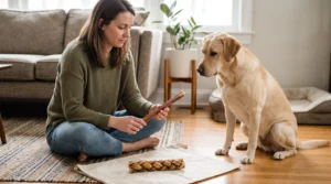 Dog owner choosing an appropriately sized chew for a Labrador Retriever