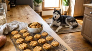 Shaping small homemade sweet potato and oat energy bites for a Siberian Husky.