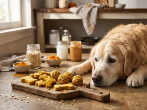 “Senior golden retriever with homemade turmeric dog treats”